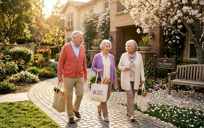 Seniors walking in community courtyard
