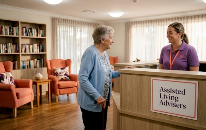 Senior woman entering assisted living lobby