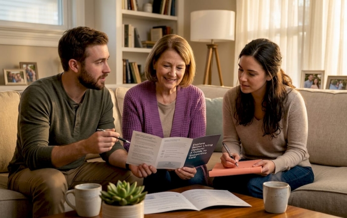 Family reviewing senior facility brochure in living room
