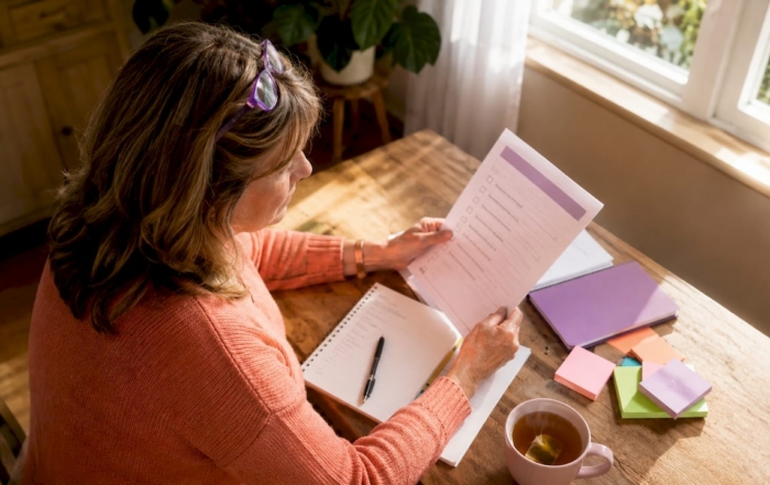 Woman reviewing assisted living documents at home