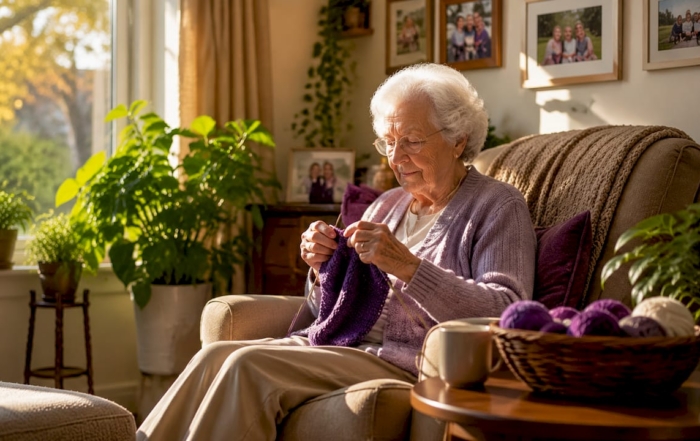 Seniors enjoying activities in community room