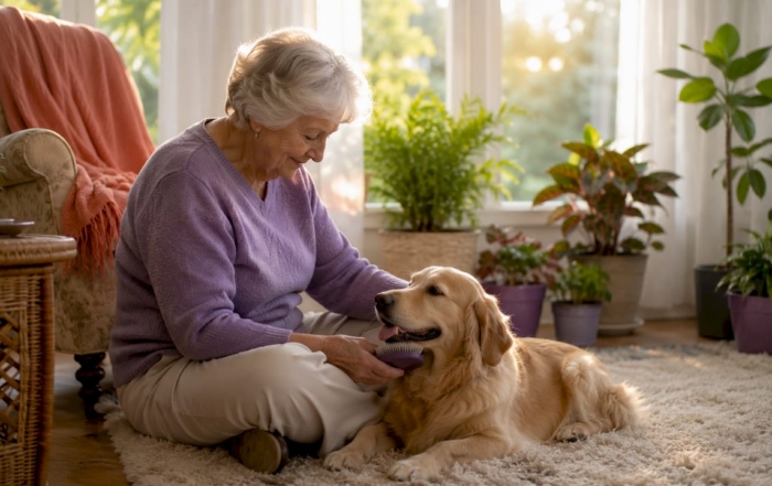 Senior woman with golden retriever in living room