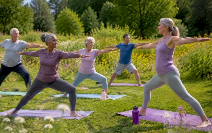 Seniors doing group morning exercise outdoors