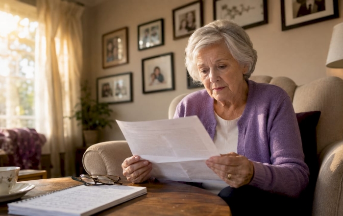 Elderly woman reviewing senior living contract at home