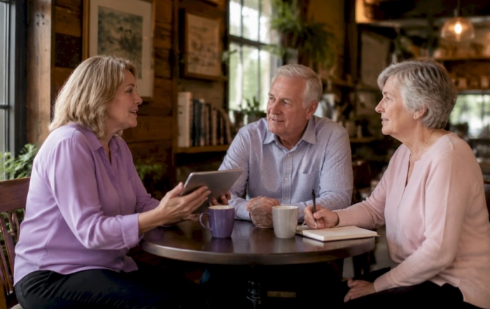 Senior care advisor consulting with elderly couple