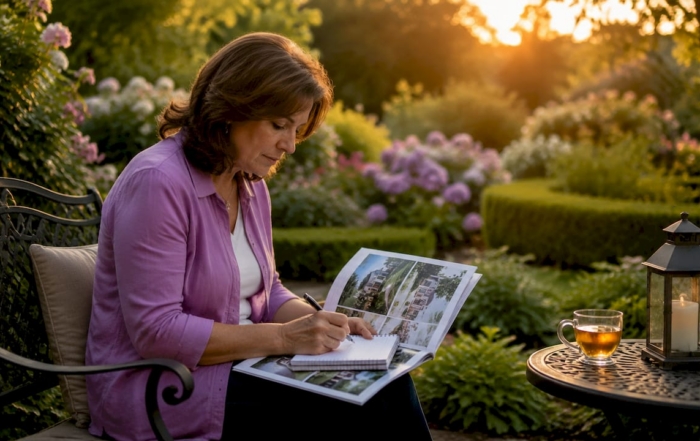Woman reviewing senior living placement brochures